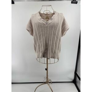 Elie Tahari Women’s Short Sleeve V Neck Beige Grey Sweater Size Large